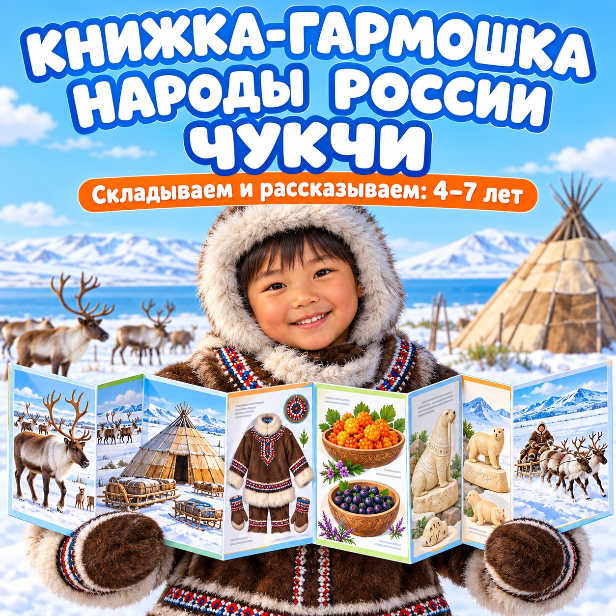 КНИЖКА-ГАРМОШКА НАРОДЫ РОССИИ — ЧУКЧИ — народы россии, день народного единства, 4-5 лет — скачать для детского сада