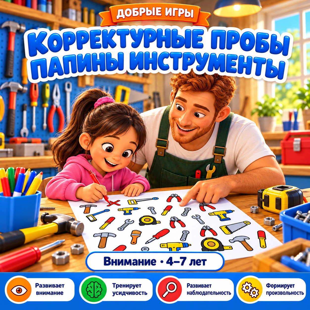 КОРРЕКТУРНЫЕ ПРОБЫ ПАПИНЫ ИНСТРУМЕНТЫ — день отца, внимание, 4-5 лет — скачать для детского сада