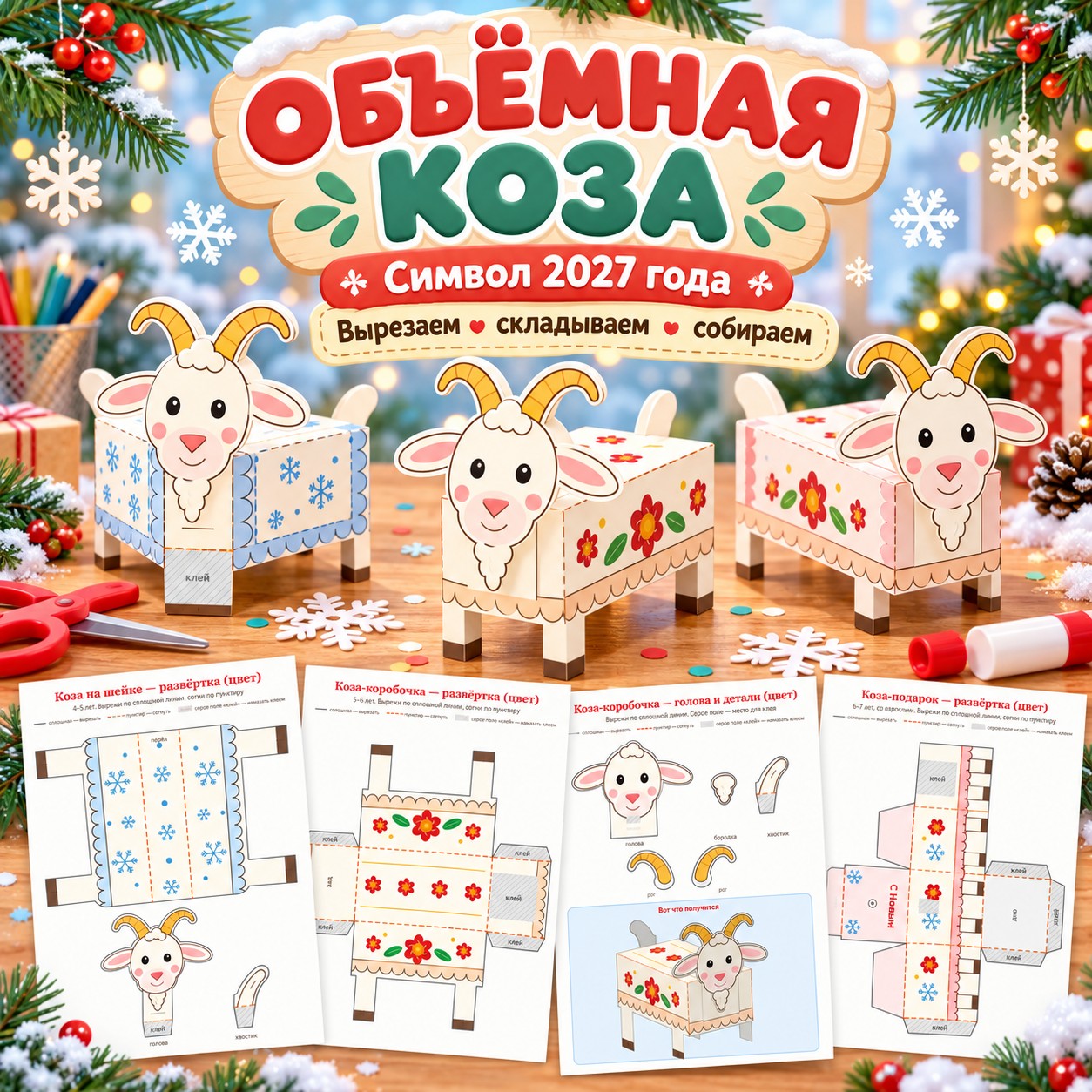 ОБЪЁМНАЯ КОЗА — СИМВОЛ 2027 ГОДА — 4-5 лет, 5-7 лет — скачать для детского сада