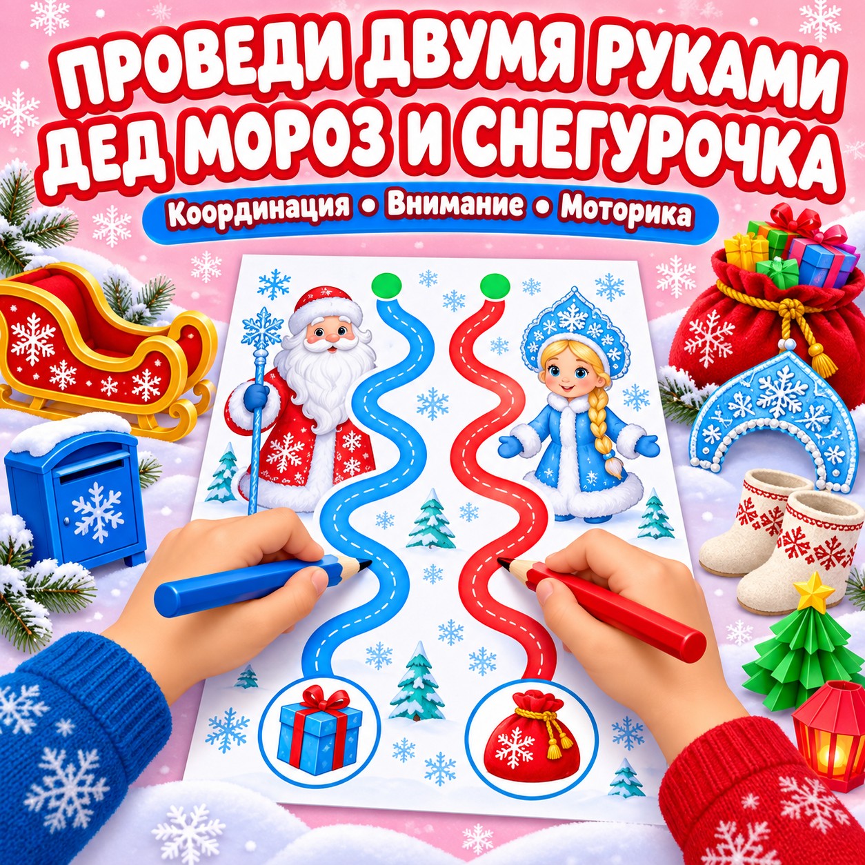 ПРОВЕДИ ДВУМЯ РУКАМИ ДЕД МОРОЗ И СНЕГУРОЧКА — нейроигры, дед мороз, 4-5 лет — скачать для детского сада