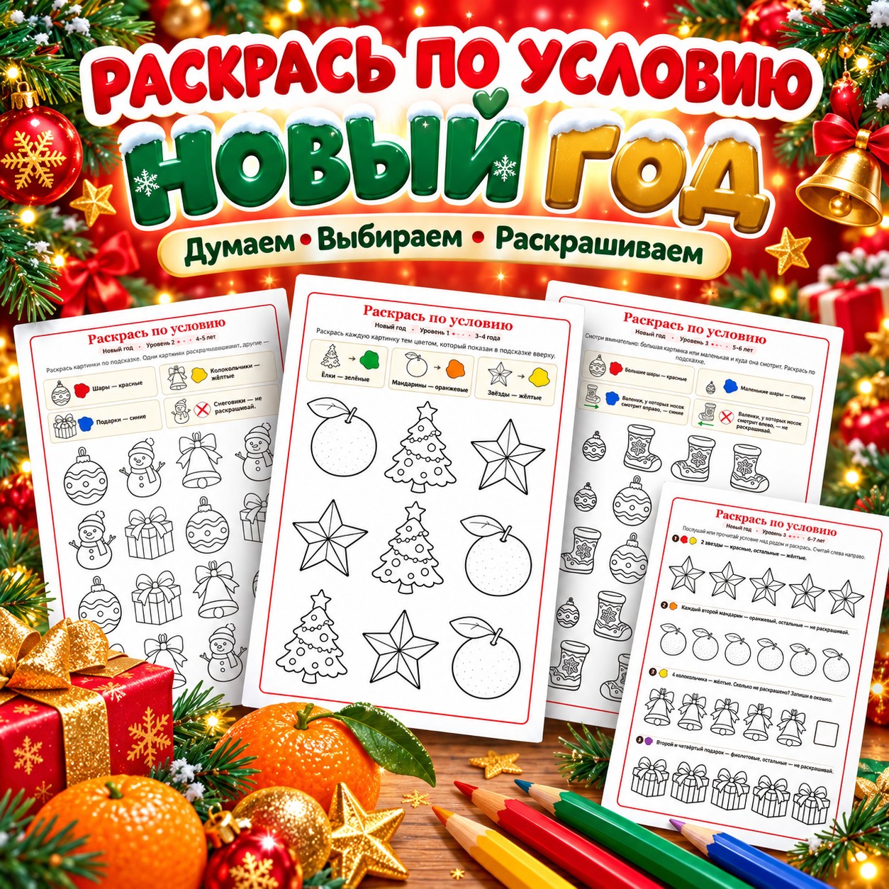 РАСКРАСЬ ПО УСЛОВИЮ НОВЫЙ ГОД — новый год, раскраски, 4-5 лет — скачать для детского сада