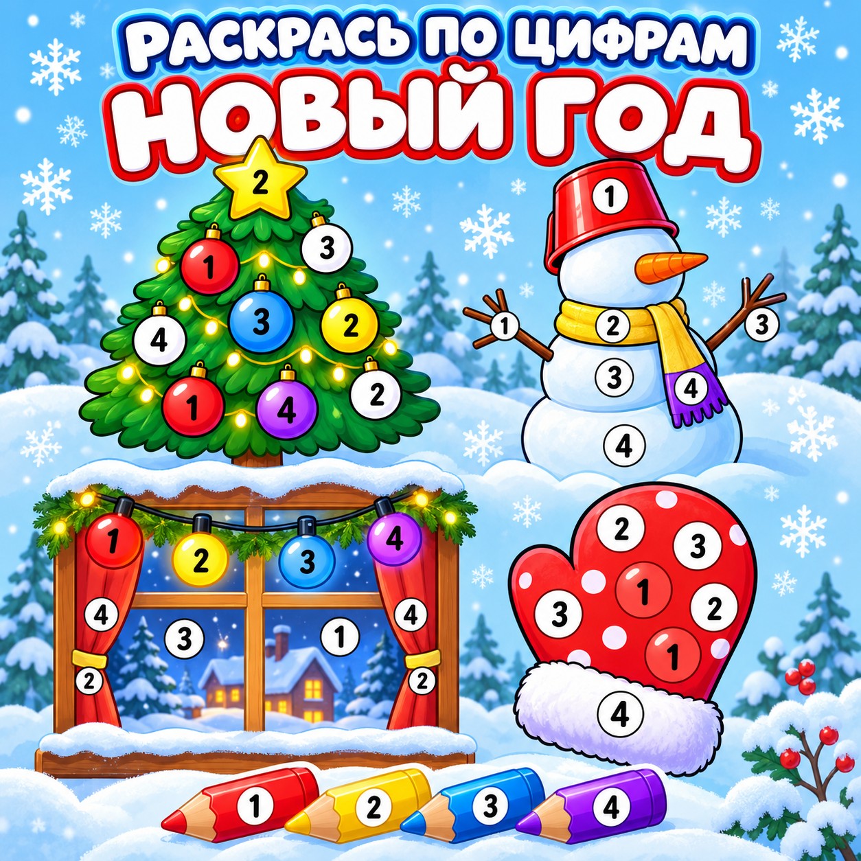 РАСКРАСЬ ПО ЦИФРАМ НОВЫЙ ГОД — новый год, раскраски, 4-5 лет — скачать для детского сада