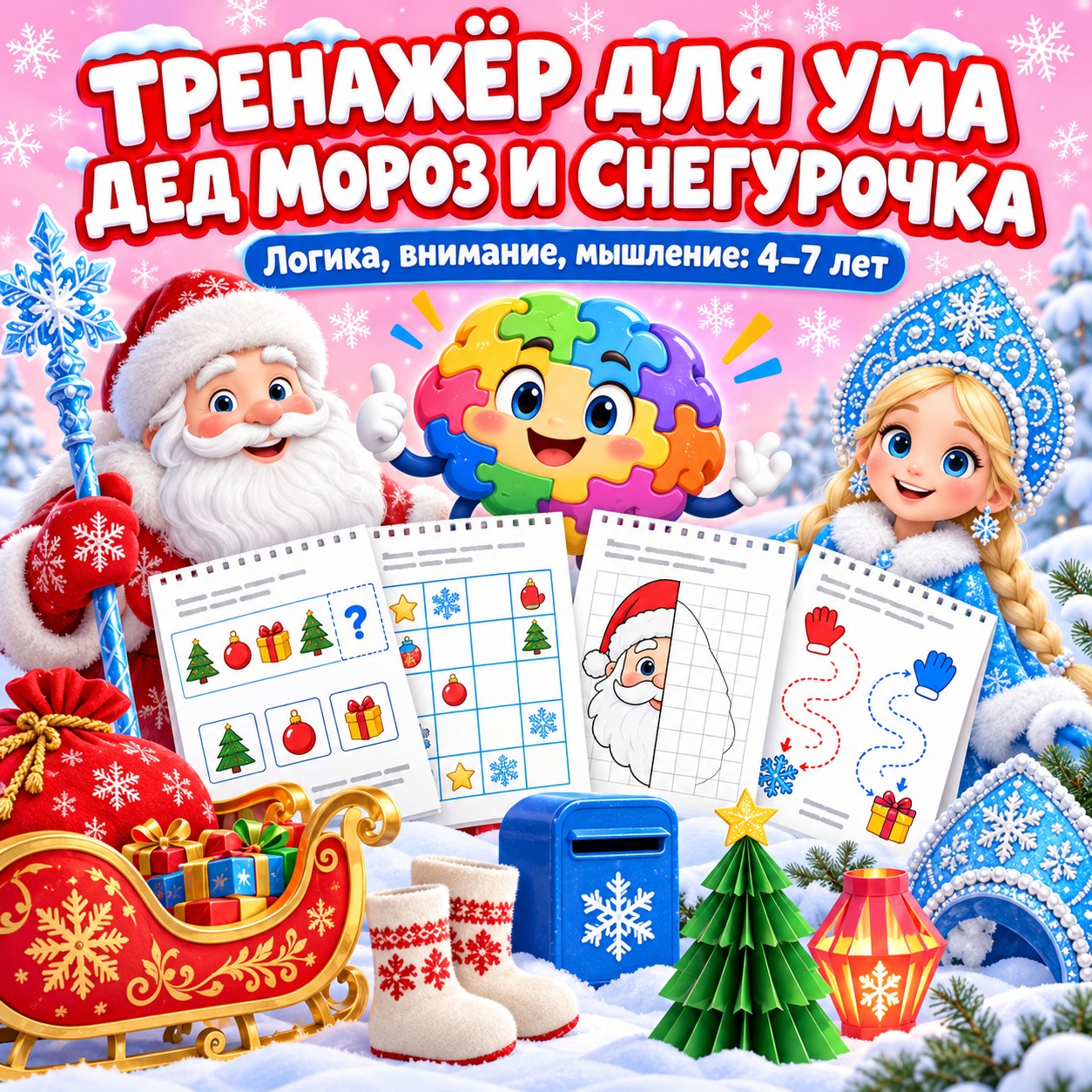 ТРЕНАЖЁР ДЛЯ УМА ДЕД МОРОЗ И СНЕГУРОЧКА — дед мороз, внимание, 4-5 лет — скачать для детского сада