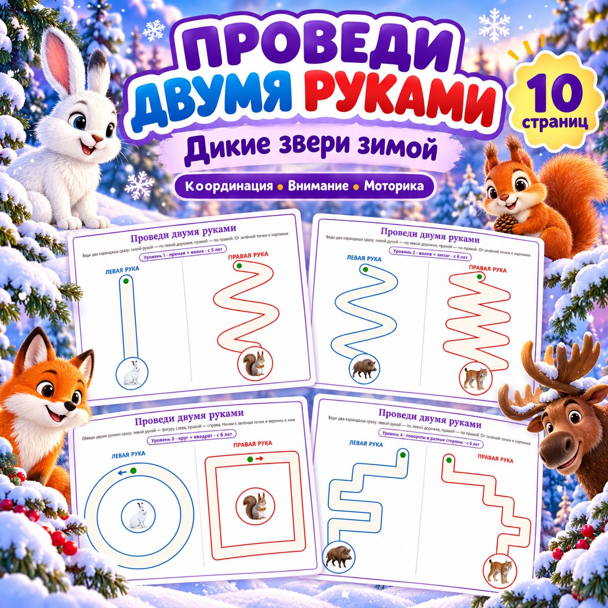 ПРОВЕДИ ДВУМЯ РУКАМИ ДИКИЕ ЗВЕРИ ЗИМОЙ — зима, дикие животные, нейроигры — скачать для детского сада