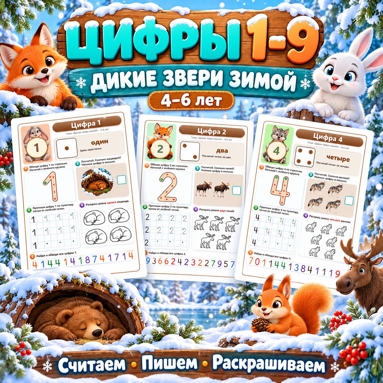 ЦИФРЫ 1–9 ДИКИЕ ЗВЕРИ ЗИМОЙ — зима, дикие животные, цифры — скачать для детского сада