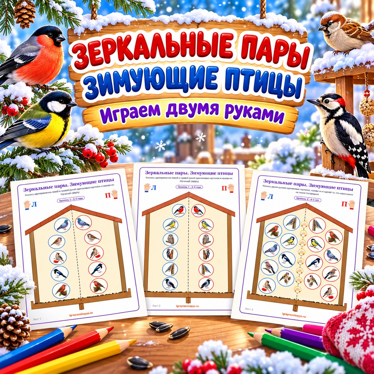 ЗЕРКАЛЬНЫЕ ПАРЫ ЗИМУЮЩИЕ ПТИЦЫ — зима, зимующие птицы, птицы — скачать для детского сада