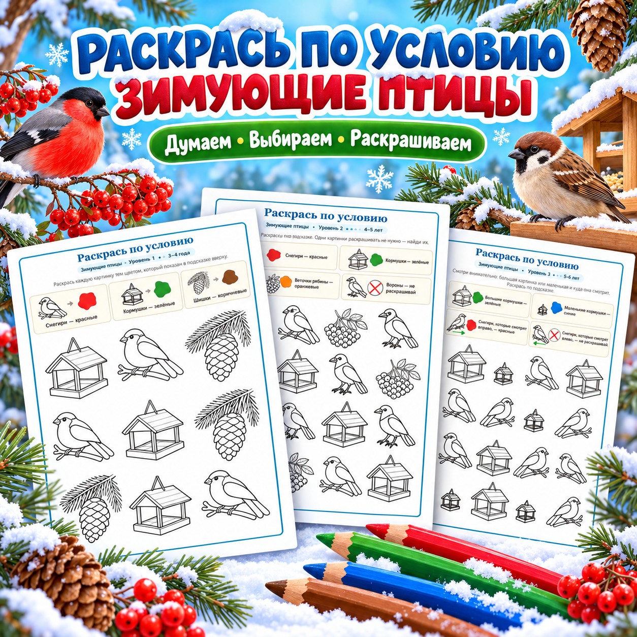 РАСКРАСЬ ПО УСЛОВИЮ ЗИМУЮЩИЕ ПТИЦЫ — зима, зимующие птицы, птицы — скачать для детского сада