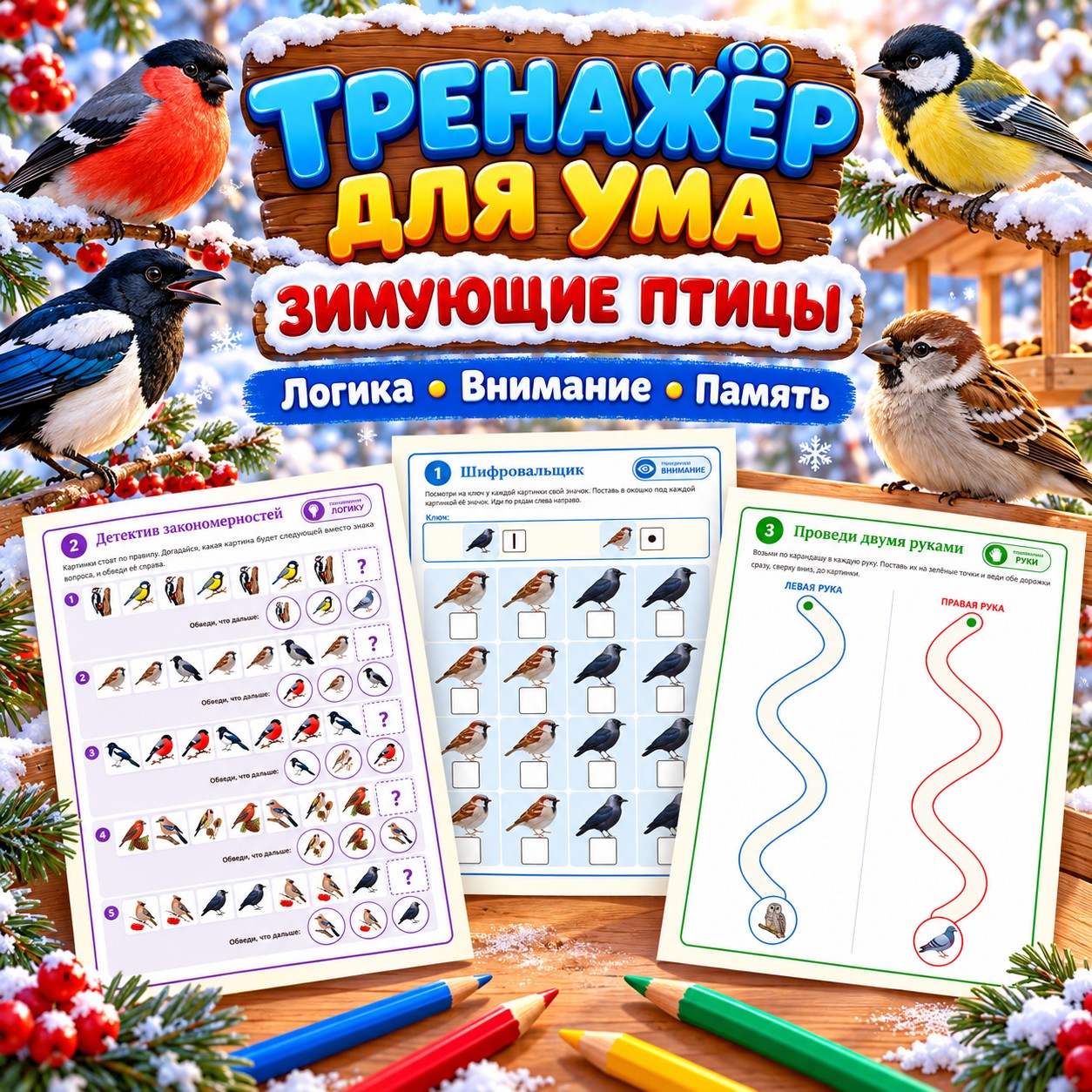ТРЕНАЖЁР ДЛЯ УМА ЗИМУЮЩИЕ ПТИЦЫ — зима, зимующие птицы, птицы — скачать для детского сада