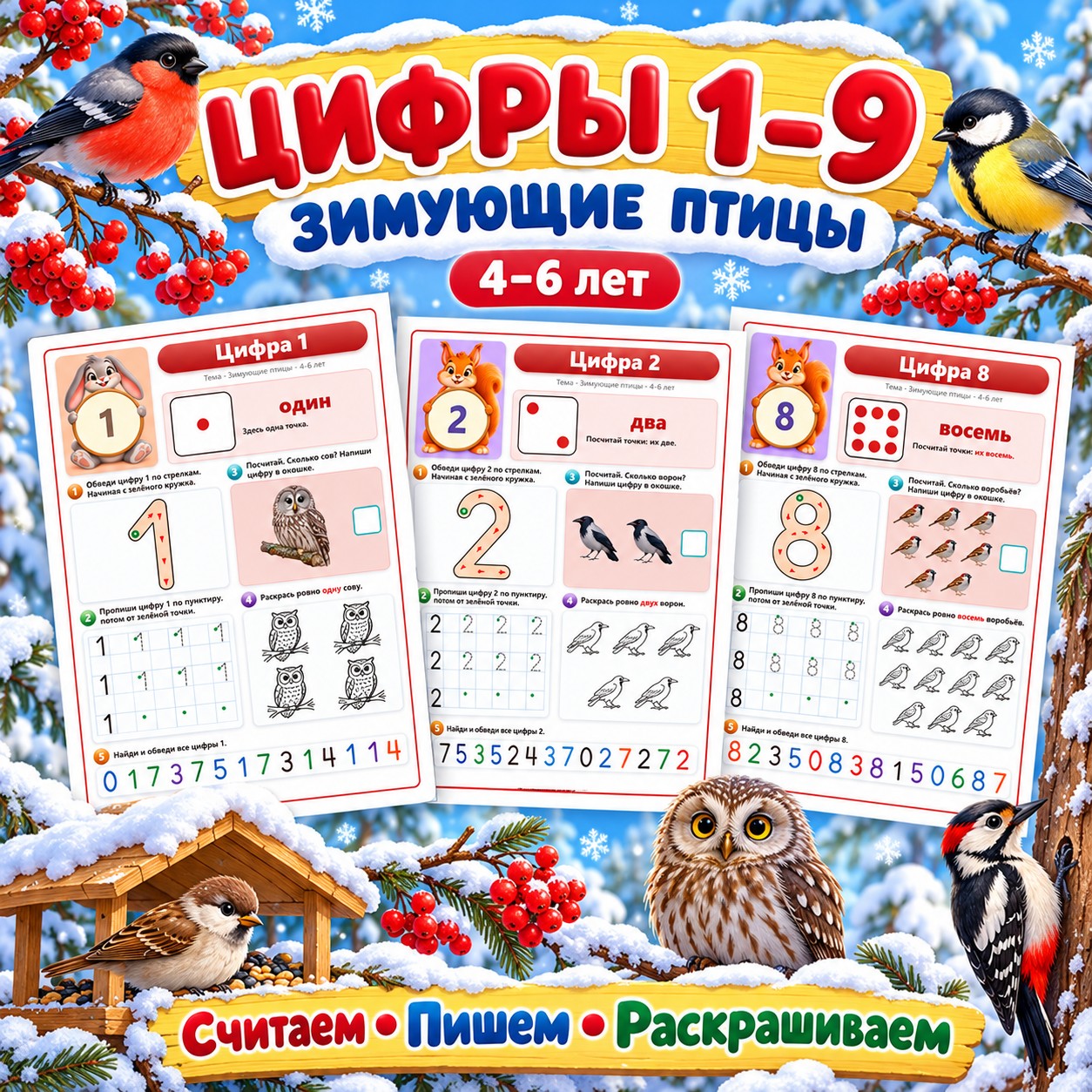 ЦИФРЫ 1–9 ЗИМУЮЩИЕ ПТИЦЫ — зима, зимующие птицы, птицы — скачать для детского сада