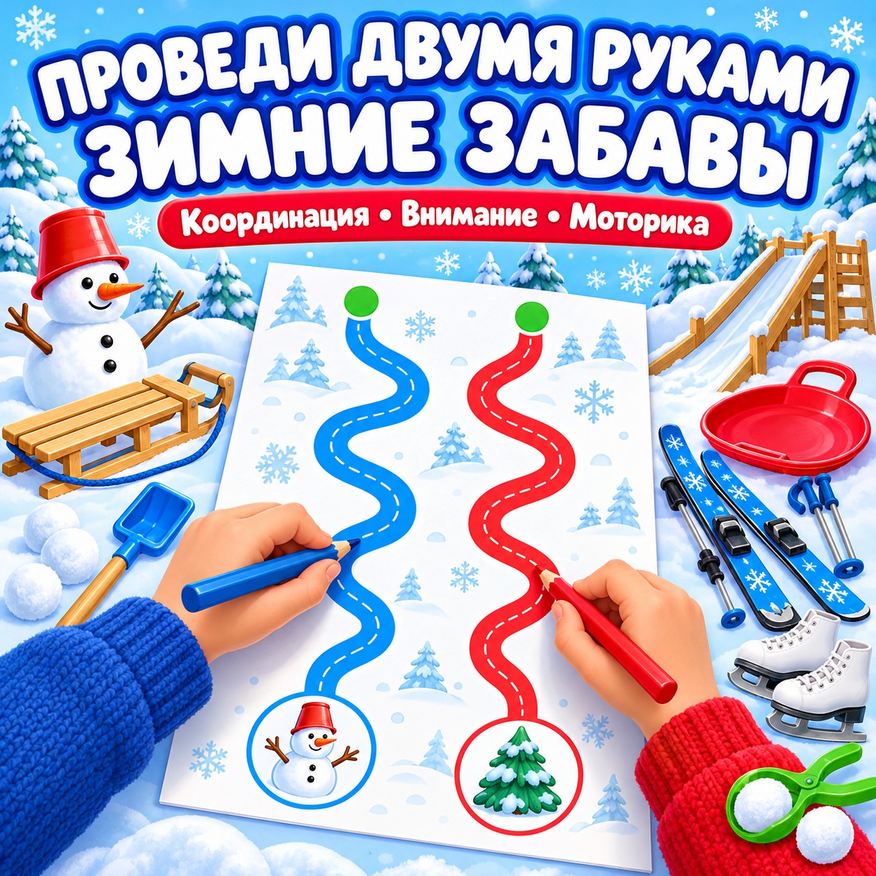 ПРОВЕДИ ДВУМЯ РУКАМИ ЗИМНИЕ ЗАБАВЫ — зима, нейроигры, 4-5 лет — скачать для детского сада