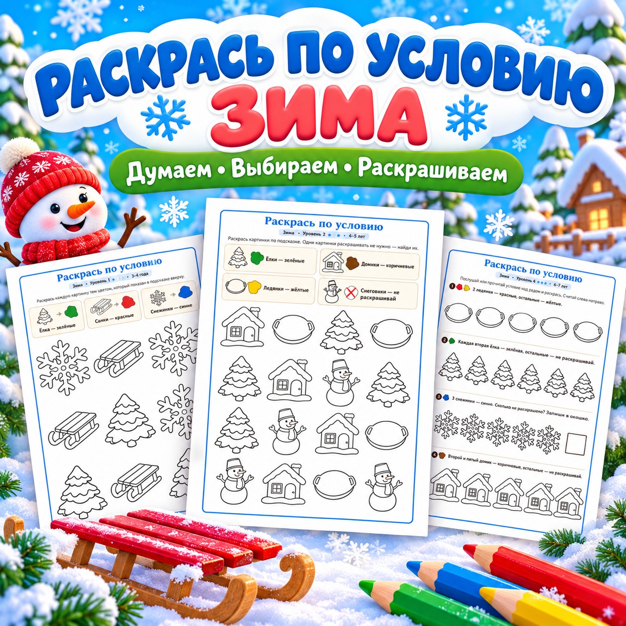 РАСКРАСЬ ПО УСЛОВИЮ ЗИМА — зима, раскраски, 4-5 лет — скачать для детского сада