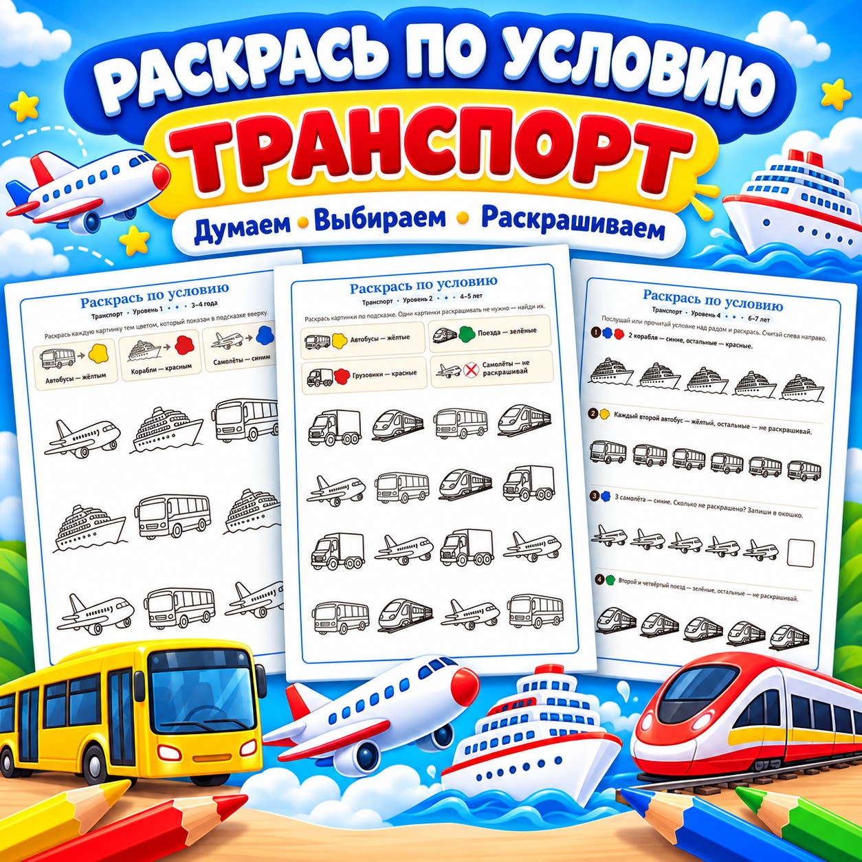 РАСКРАСЬ ПО УСЛОВИЮ ТРАНСПОРТ — раскраски, транспорт, 4-5 лет — скачать для детского сада