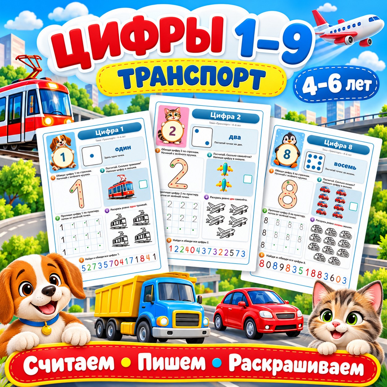 ЦИФРЫ 1–9 ТРАНСПОРТ — транспорт, цифры, 4-5 лет — скачать для детского сада