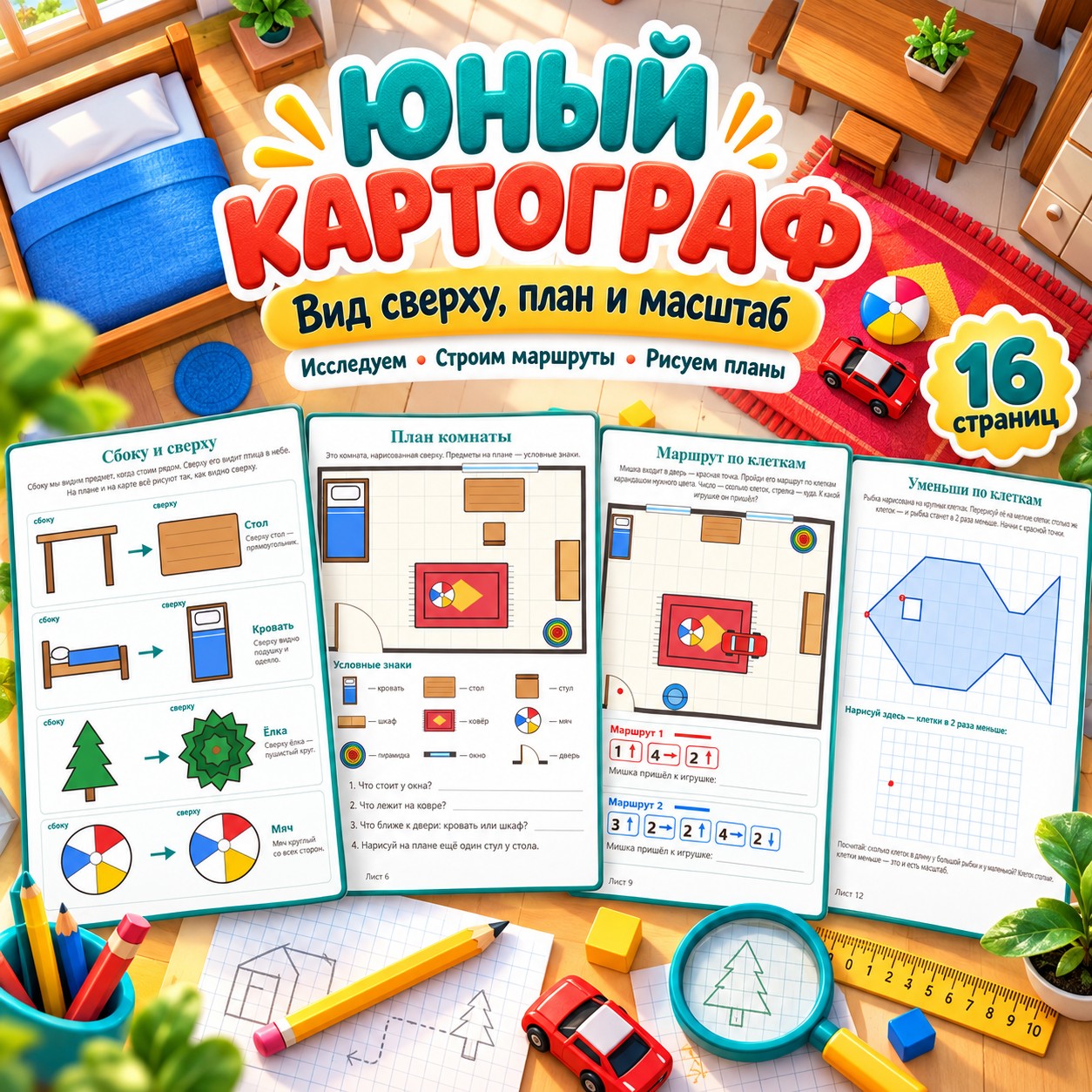 ЮНЫЙ КАРТОГРАФ ВИД СВЕРХУ ПЛАН И МАСШТАБ — 4-5 лет, 5-7 лет — скачать для детского сада