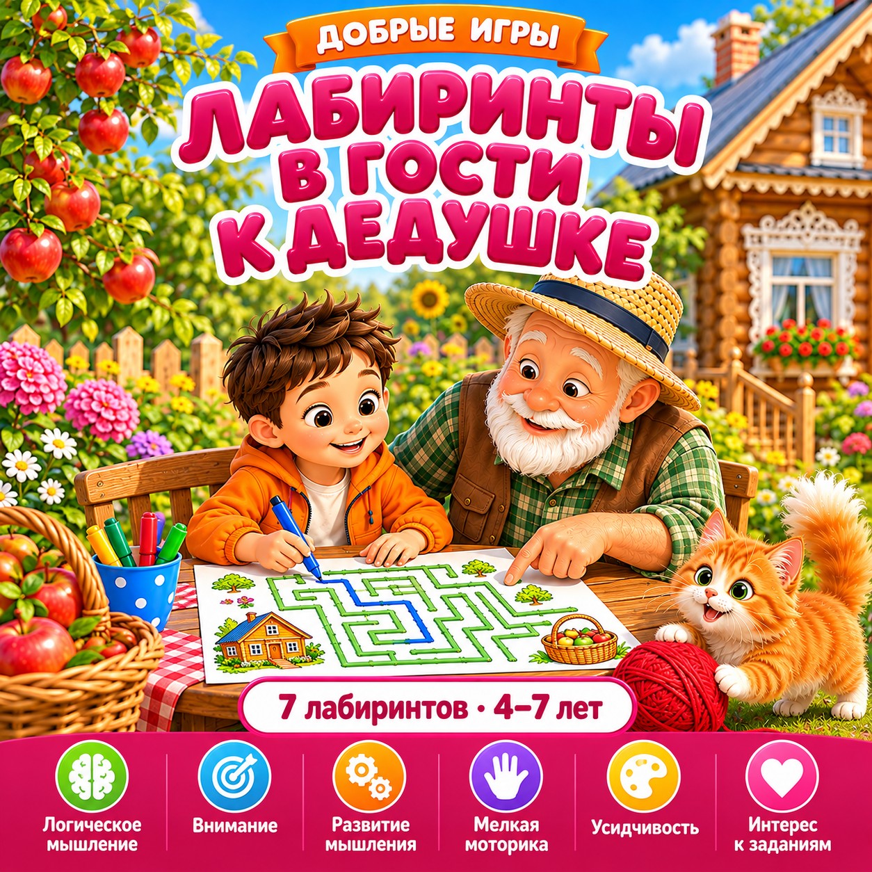 ЛАБИРИНТЫ В ГОСТИ К ДЕДУШКЕ — лабиринты, 4-5 лет, 5-7 лет — скачать для детского сада