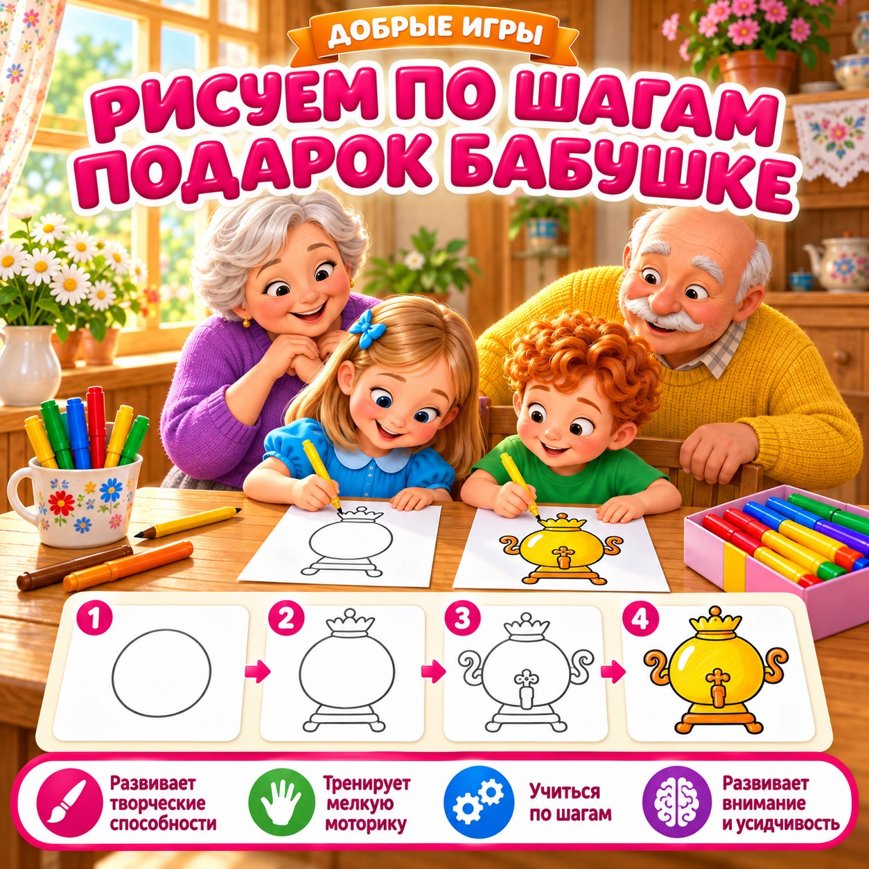 РИСУЕМ ПО ШАГАМ ПОДАРОК БАБУШКЕ — 4-5 лет, 5-7 лет, бабушки и дедушки — скачать для детского сада
