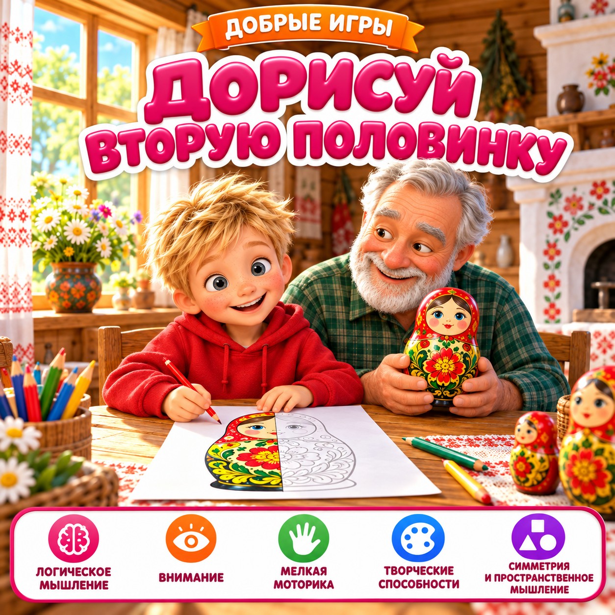 ДОРИСУЙ ВТОРУЮ ПОЛОВИНКУ У БАБУШКИ — 4-5 лет, 5-7 лет, бабушки и дедушки — скачать для детского сада