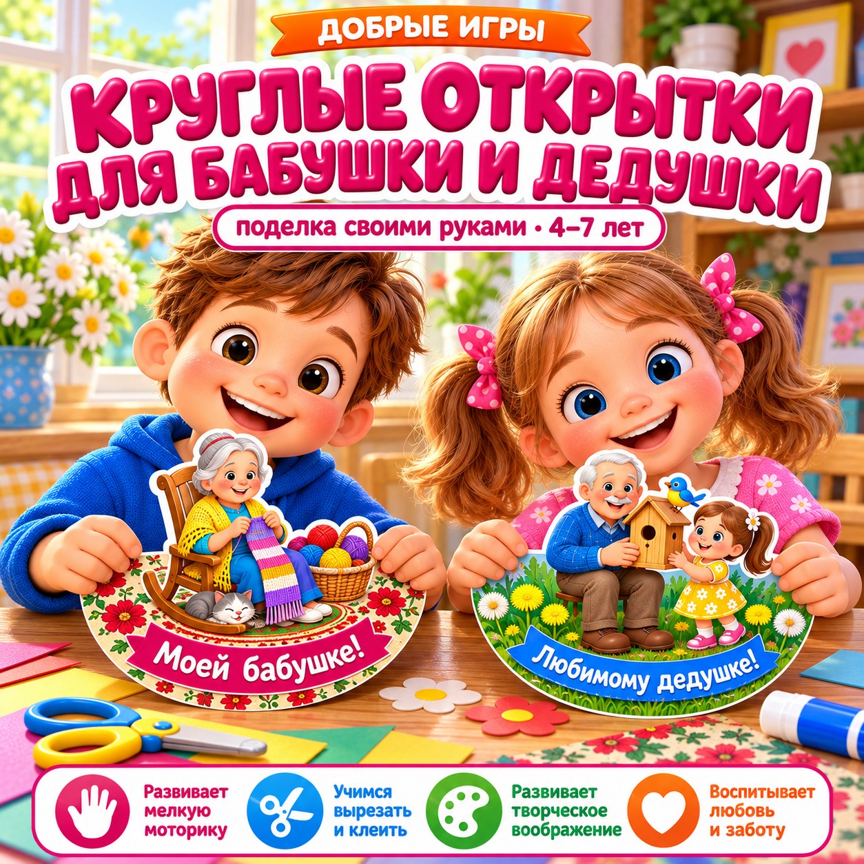КРУГЛЫЕ ОТКРЫТКИ ДЛЯ БАБУШКИ И ДЕДУШКИ — открытки, 4-5 лет, 5-7 лет — скачать для детского сада