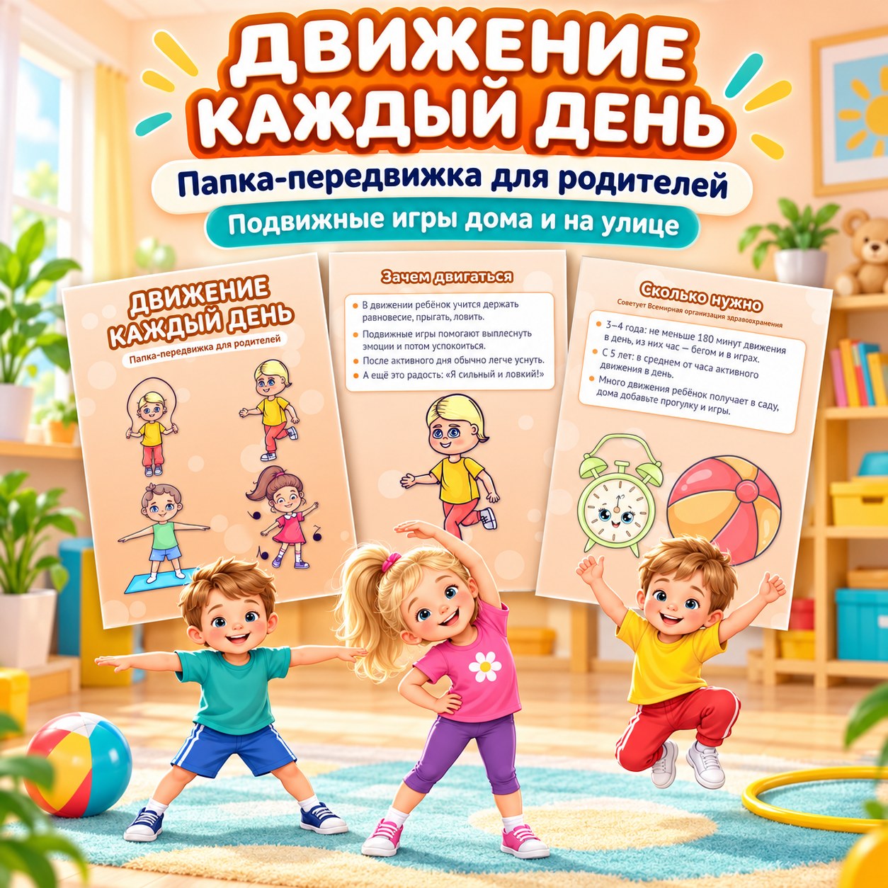 ПАПКА-ПЕРЕДВИЖКА ДВИЖЕНИЕ КАЖДЫЙ ДЕНЬ — папка-передвижка, 4-5 лет, 5-7 лет — скачать для детского сада