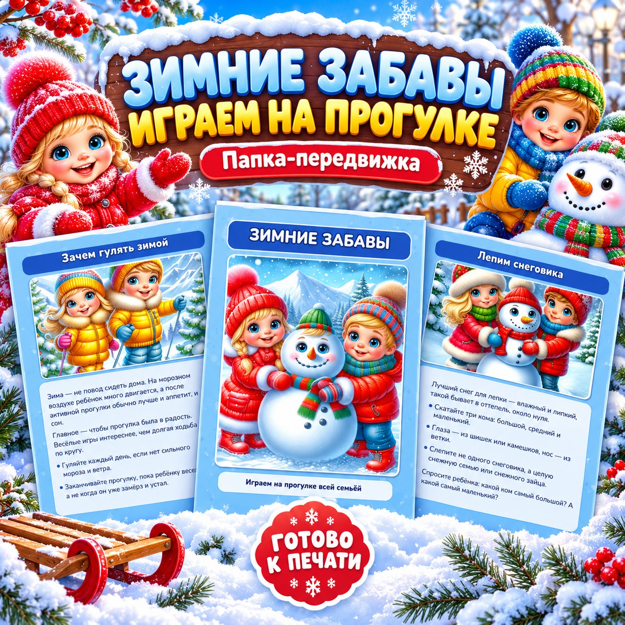 ПАПКА-ПЕРЕДВИЖКА ЗИМНИЕ ЗАБАВЫ ИГРАЕМ НА ПРОГУЛКЕ — зима, папка-передвижка, 4-5 лет — скачать для детского сада