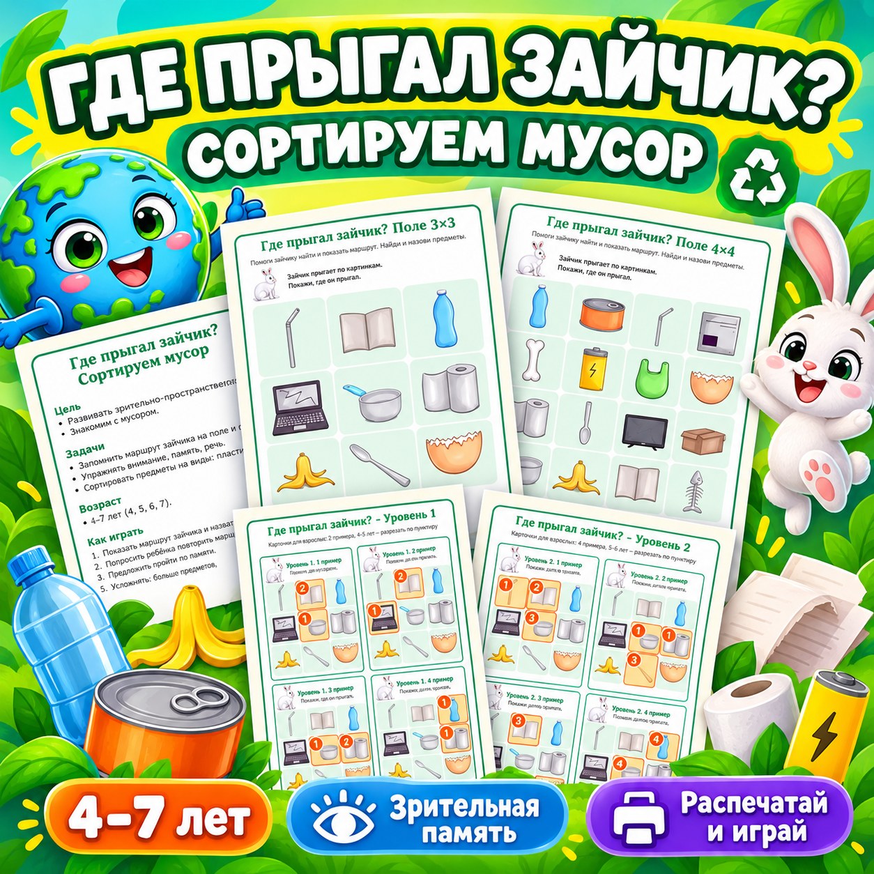 ГДЕ ПРЫГАЛ ЗАЙЧИК СОРТИРУЕМ МУСОР — 4-5 лет, 5-7 лет — скачать для детского сада