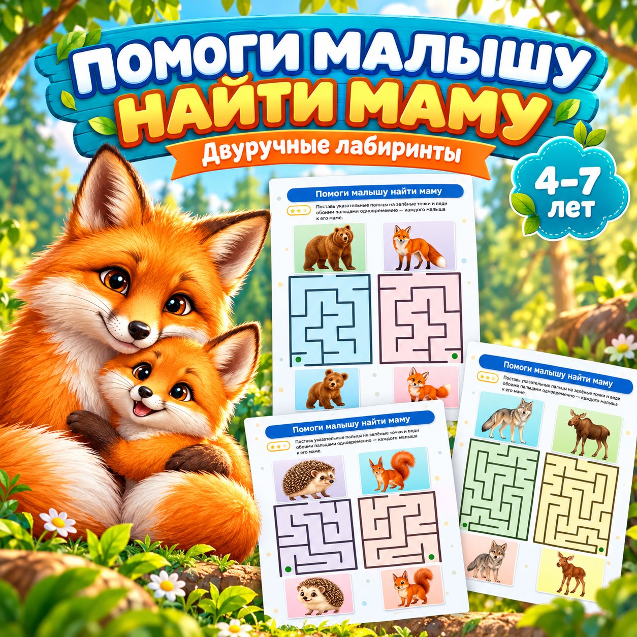 ДВУРУЧНЫЕ ЛАБИРИНТЫ ПОМОГИ МАЛЫШУ НАЙТИ МАМУ — лабиринты, 4-5 лет, 5-7 лет — скачать для детского сада