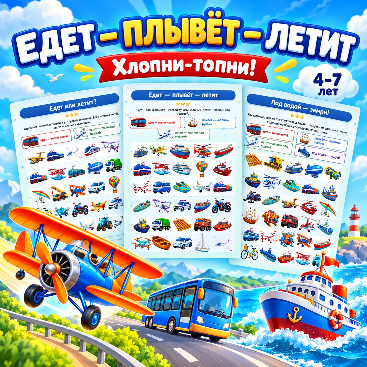 ЕДЕТ ПЛЫВЁТ ЛЕТИТ — ХЛОПНИ-ТОПНИ — 4-5 лет, 5-7 лет — скачать для детского сада