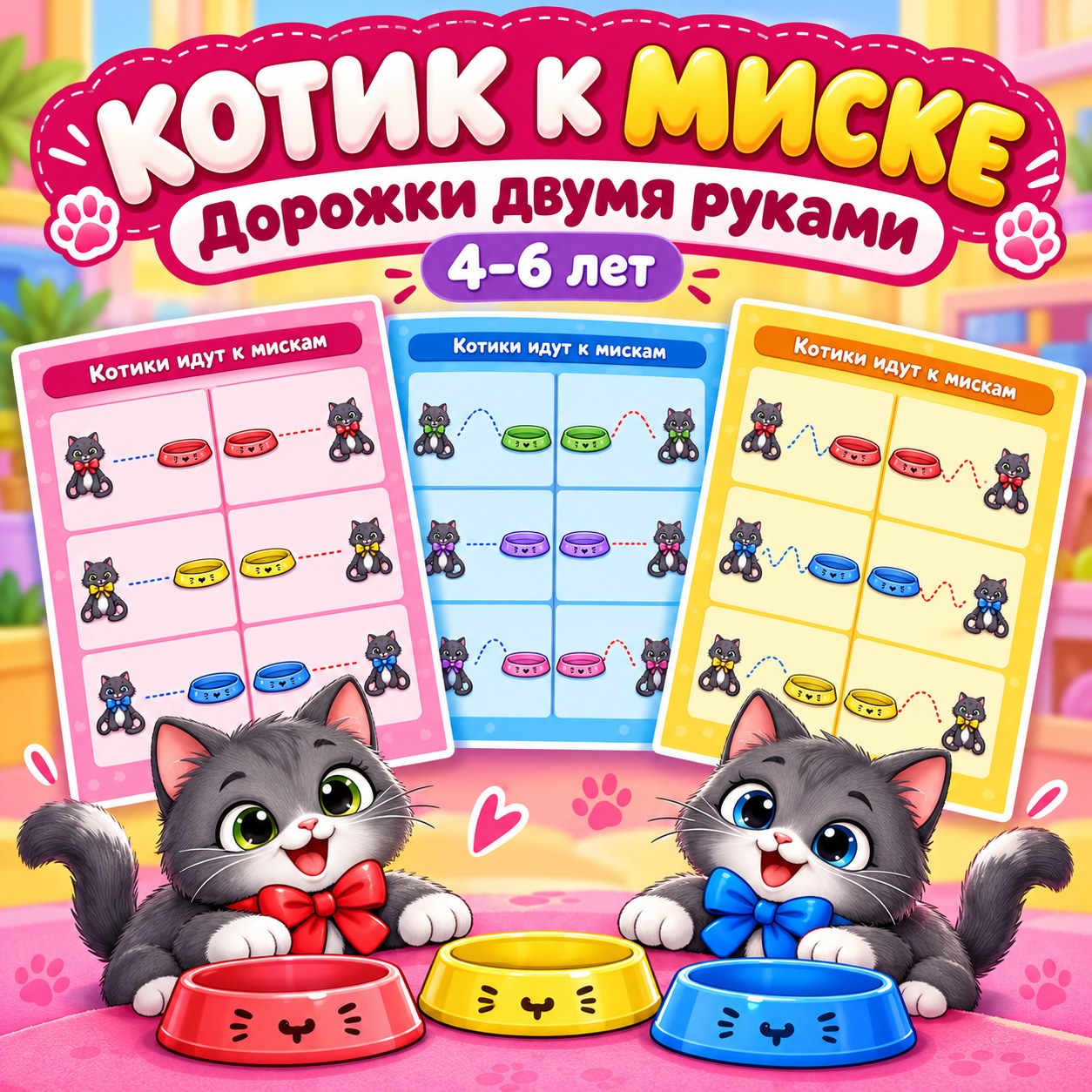 КОТИК К МИСКЕ ДОРОЖКИ ДВУМЯ РУКАМИ — нейроигры, 4-5 лет, 5-7 лет — скачать для детского сада