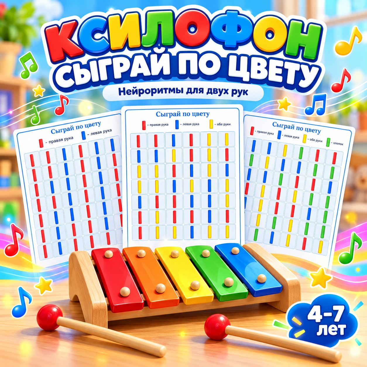 КСИЛОФОН СЫГРАЙ ПО ЦВЕТУ НЕЙРОРИТМЫ — нейроигры, 4-5 лет, 5-7 лет — скачать для детского сада