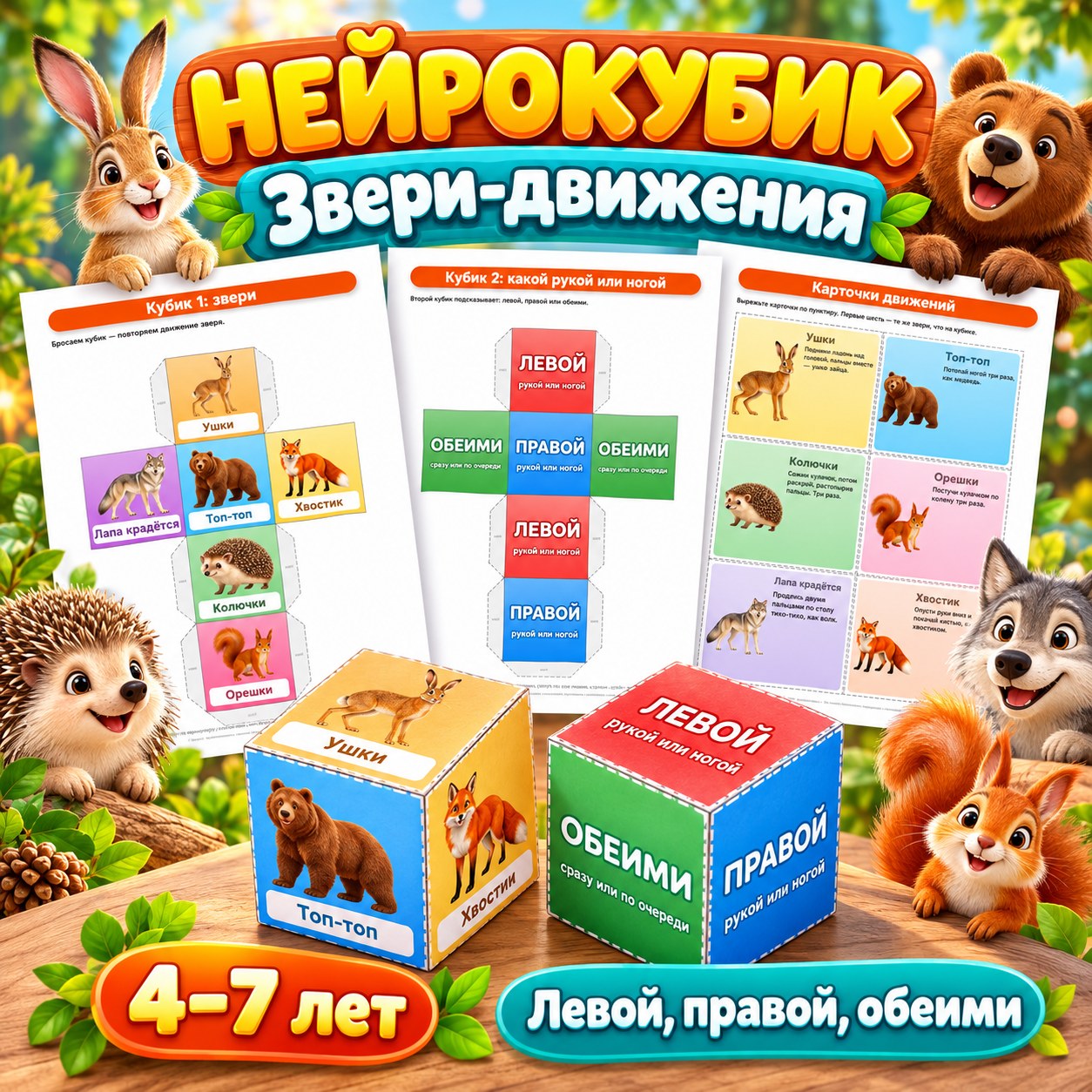 НЕЙРОКУБИК ЗВЕРИ-ДВИЖЕНИЯ — нейроигры, дикие животные, 4-5 лет — скачать для детского сада
