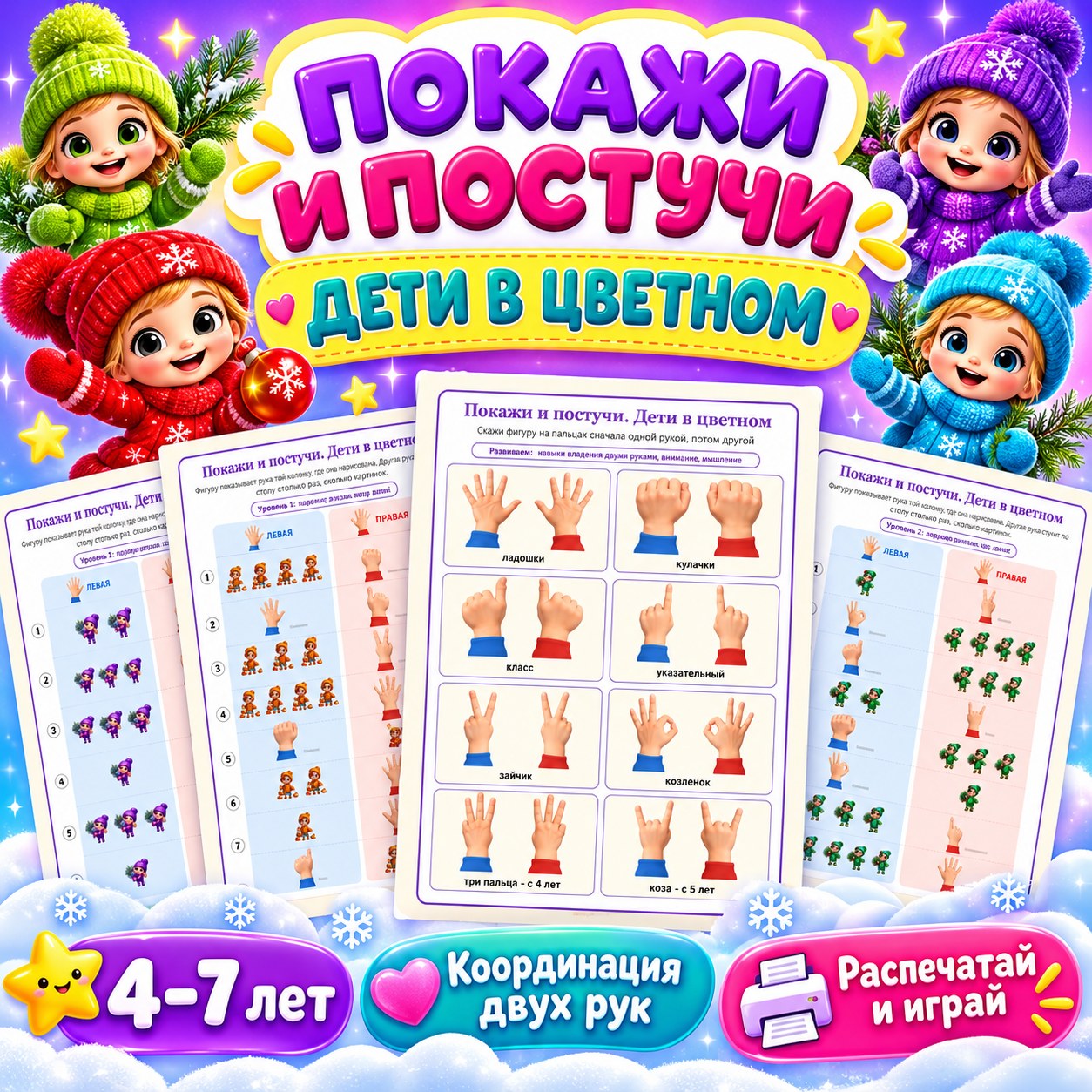 ПОКАЖИ И ПОСТУЧИ ДЕТИ В ЦВЕТНОМ — нейроигры, 4-5 лет, 5-7 лет — скачать для детского сада