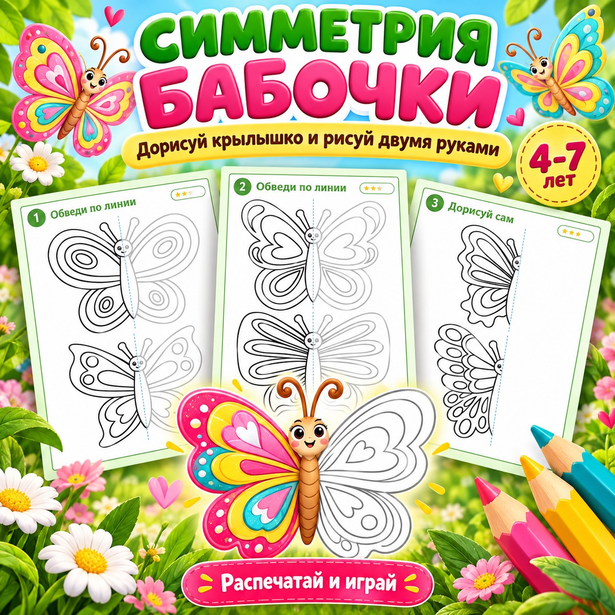 СИММЕТРИЯ БАБОЧКИ — 4-5 лет, 5-7 лет — скачать для детского сада