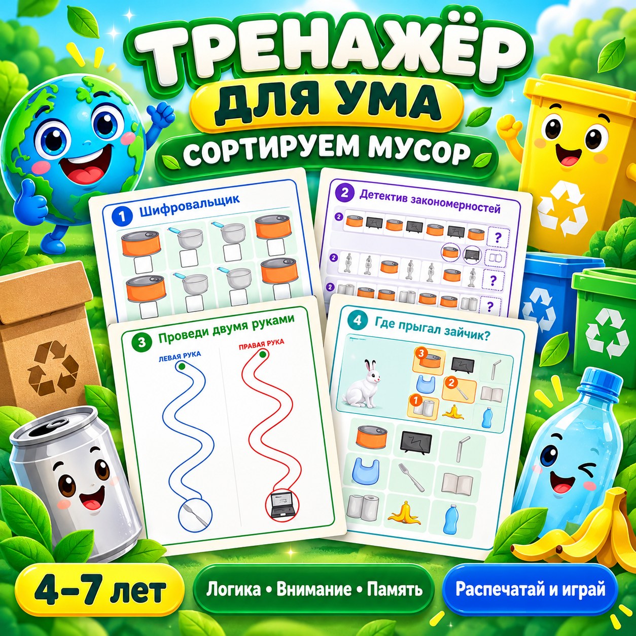 ТРЕНАЖЁР ДЛЯ УМА СОРТИРУЕМ МУСОР — внимание, 4-5 лет, 5-7 лет — скачать для детского сада