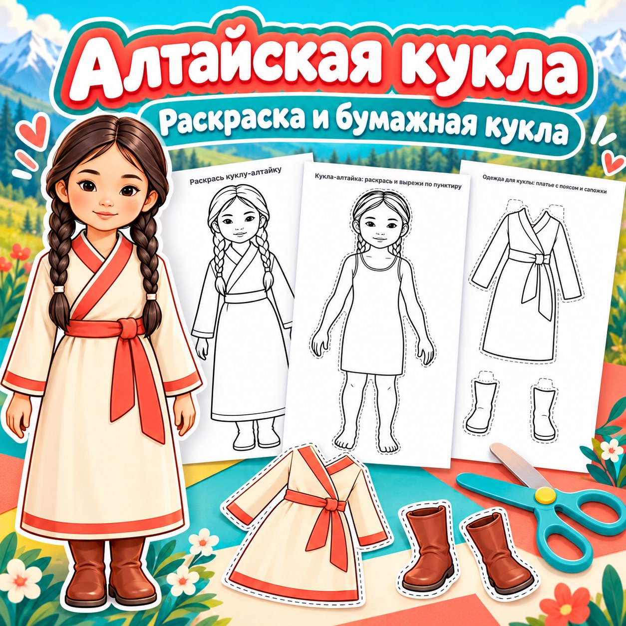 АЛТАЙСКАЯ КУКЛА РАСКРАСКА — бумажная кукла, раскраски, 4-5 лет — скачать для детского сада