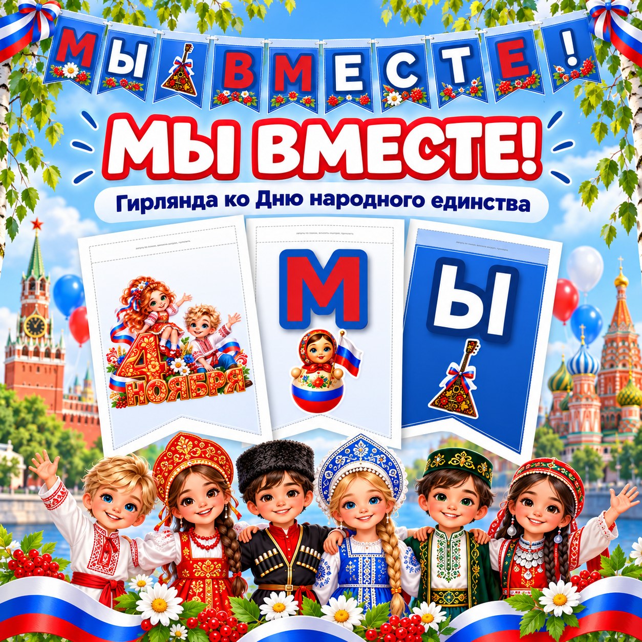 ГИРЛЯНДА-РАСТЯЖКА МЫ ВМЕСТЕ — ДЕНЬ НАРОДНОГО ЕДИНСТВА — народы россии, день народного единства, 4-5 лет — скачать для детского сада