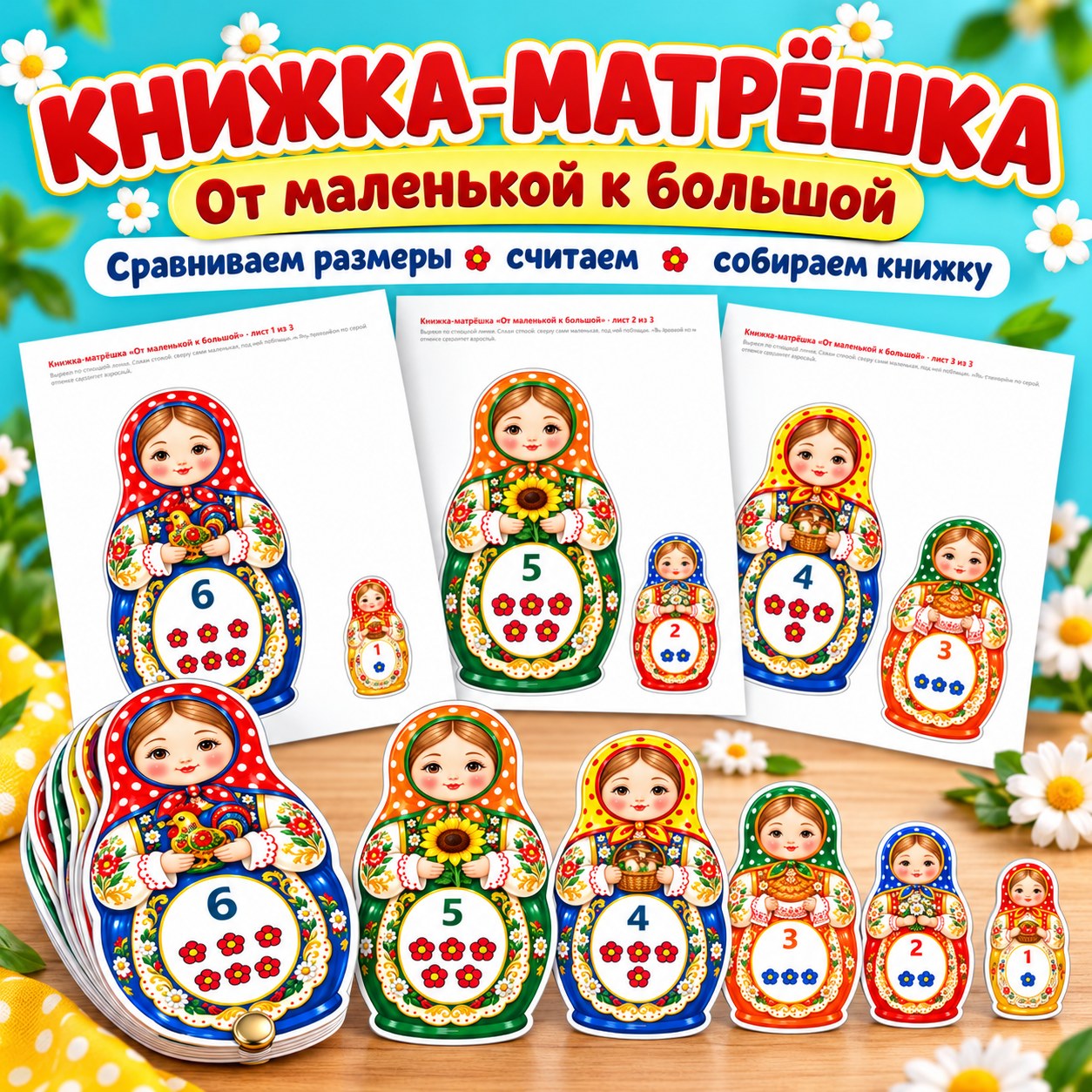 КНИЖКА-МАТРЁШКА ОТ МАЛЕНЬКОЙ К БОЛЬШОЙ — матрешка, народные промыслы, 4-5 лет — скачать для детского сада