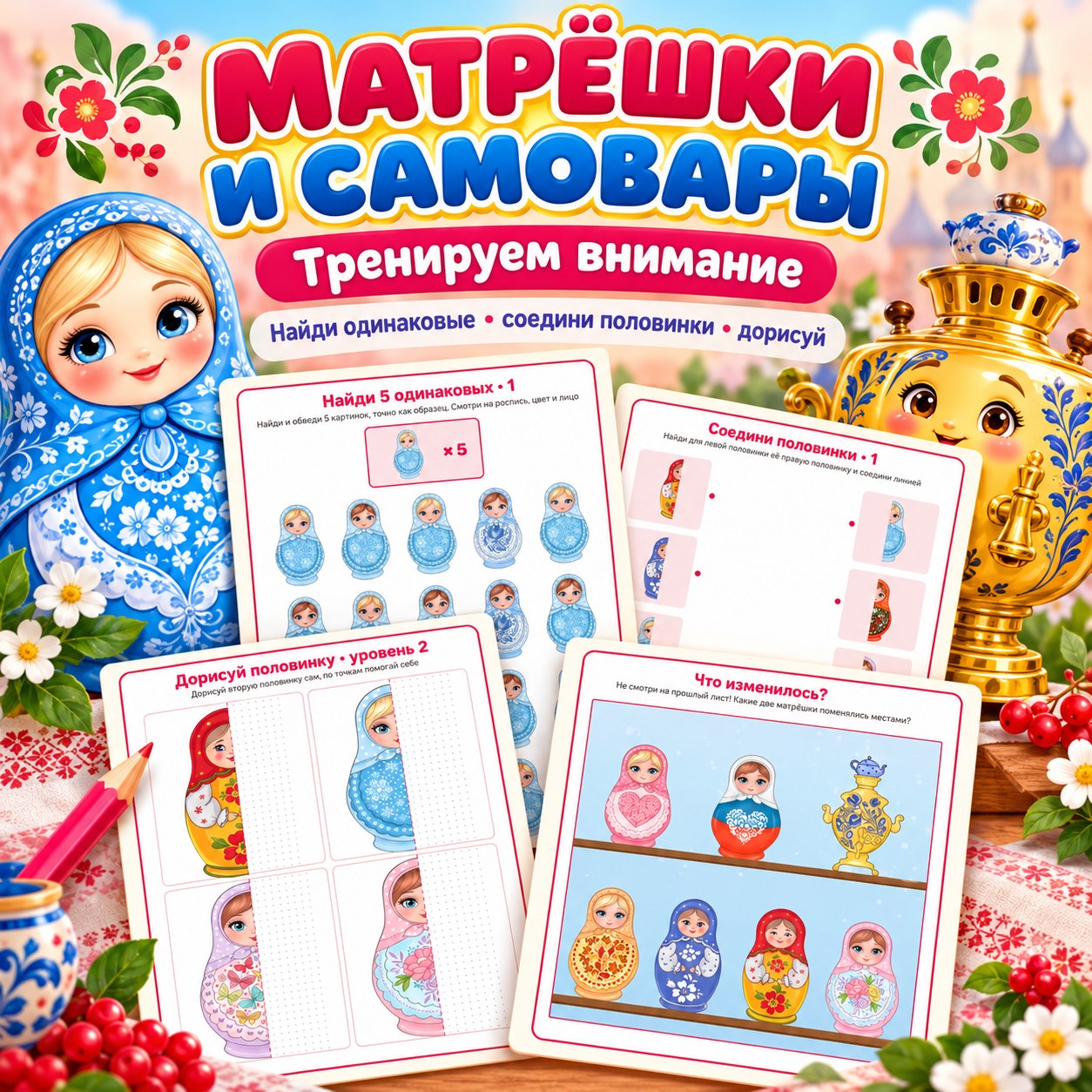 МАТРЁШКИ И САМОВАРЫ НАЙДИ 5 ОДИНАКОВЫХ ПОЛОВИНКИ ДОРИСУЙ — матрешка, народные промыслы, 4-5 лет — скачать для детского сада