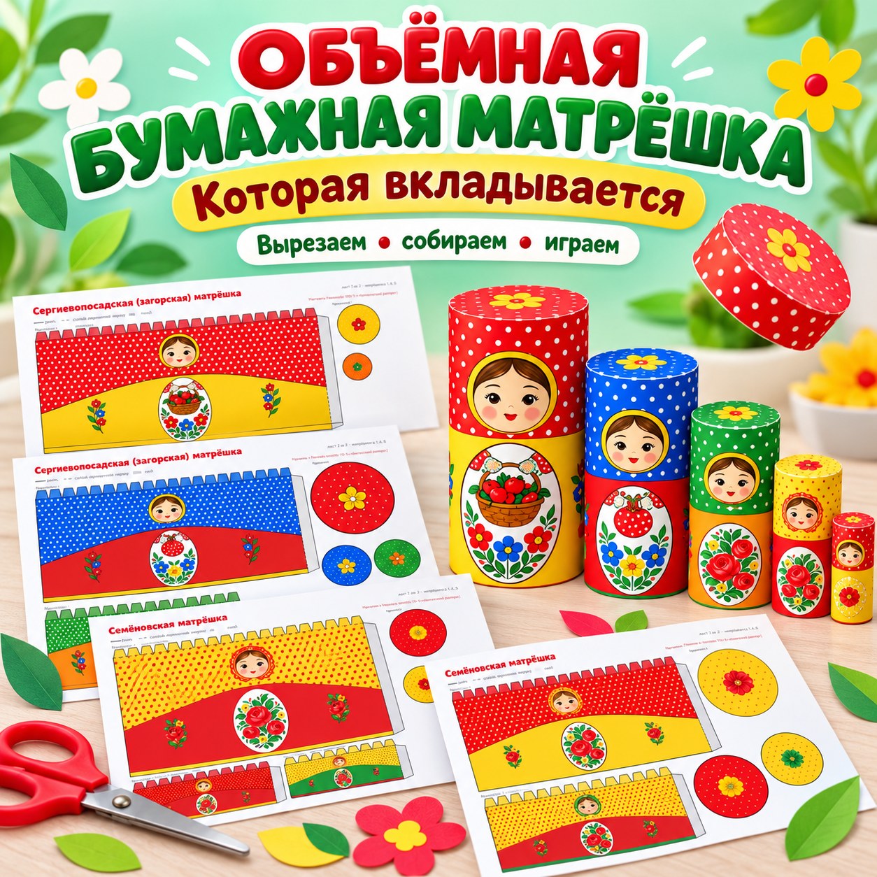 ОБЪЁМНАЯ БУМАЖНАЯ МАТРЁШКА КОТОРАЯ ВКЛАДЫВАЕТСЯ — матрешка, народные промыслы, 4-5 лет — скачать для детского сада