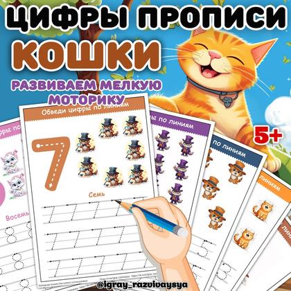 ЦИФРЫ ПРОПИСИ КОШКИ — домашние животные, животные, кошки — для детского сада — Играй и Развивайся