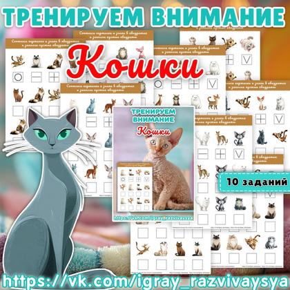 ТРЕНИРУЕМ ВНИМАНИЕ КОШКИ — внимание, домашние животные, животные — для детского сада — Играй и Развивайся