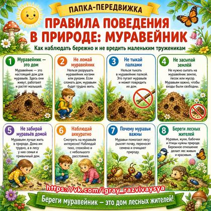 ПАПКА ПЕРЕДВИЖКА ПРАВИЛА ПОВЕДЕНИЯ В ПРИРОДЕ МУРАВЕЙНИК — папка передвижка, муравей, муравейник — для детского сада — Игра...
