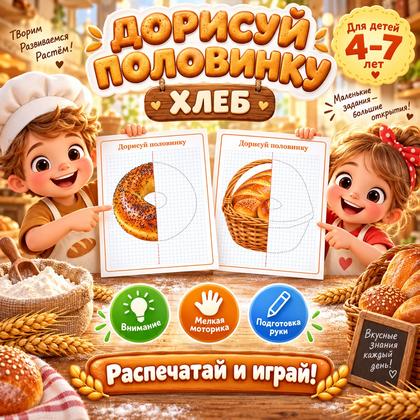ДОРИСУЙ ПОЛОВИНКУ. ДЕНЬ ХЛЕБА — день хлеба, хлеб, логика — для детского сада — Играй и Развивайся