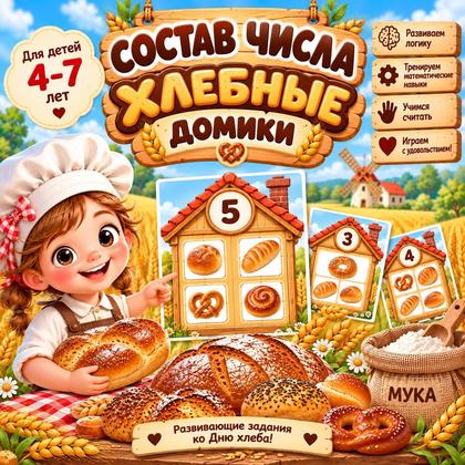 ХЛЕБНЫЕ ДОМИКИ. СОСТАВ ЧИСЛА. ДЕНЬ ХЛЕБА — день хлеба, хлеб, состав числа — для детского сада — Играй и Развивайся
