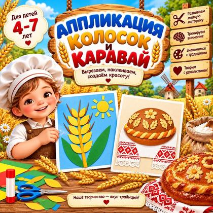 АППЛИКАЦИЯ «КОЛОСОК» И «КАРАВАЙ НА РУШНИКЕ» — день хлеба, хлеб, аппликации — для детского сада — Играй и Развивайся