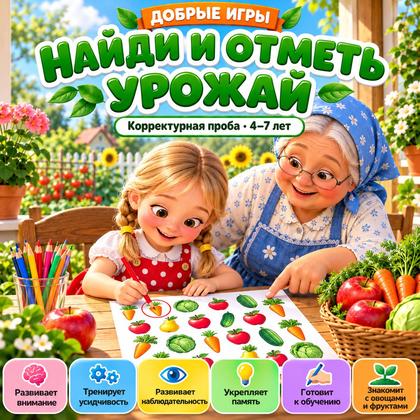 КОРРЕКТУРНАЯ ПРОБА НАЙДИ И ОТМЕТЬ УРОЖАЙ — овощи, фрукты, ягоды — для детского сада — Играй и Развивайся