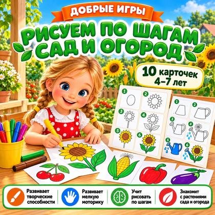 РИСУЕМ ПО ШАГАМ САД И ОГОРОД — овощи, фрукты, ягоды — для детского сада — Играй и Развивайся