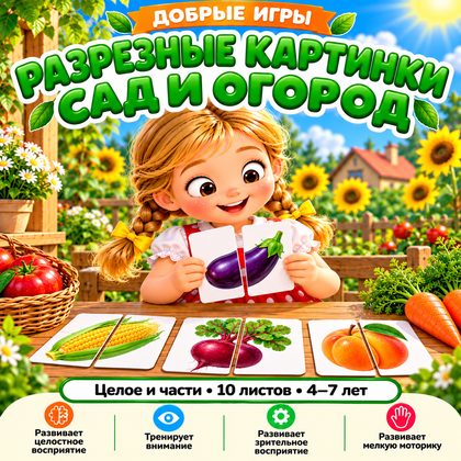 РАЗРЕЗНЫЕ КАРТИНКИ САД И ОГОРОД — овощи, фрукты, ягоды — для детского сада — Играй и Развивайся