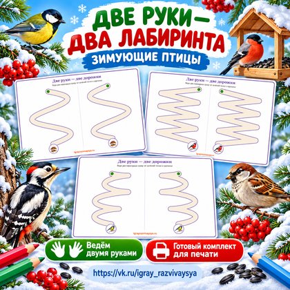 ДВЕ РУКИ ДВА ЛАБИРИНТА ЗИМУЮЩИЕ ПТИЦЫ — зима, зимующие птицы, птицы — для детского сада — Играй и Развивайся