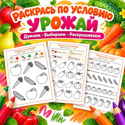 РАСКРАСЬ ПО УСЛОВИЮ УРОЖАЙ — осень, овощи, фрукты — для детского сада — Играй и Развивайся