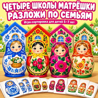 ЧЕТЫРЕ ШКОЛЫ МАТРЁШКИ РАЗЛОЖИ ПО СЕМЬЯМ — матрешка, народные промыслы, 4-5 лет — для детского сада — Играй и Развивайся